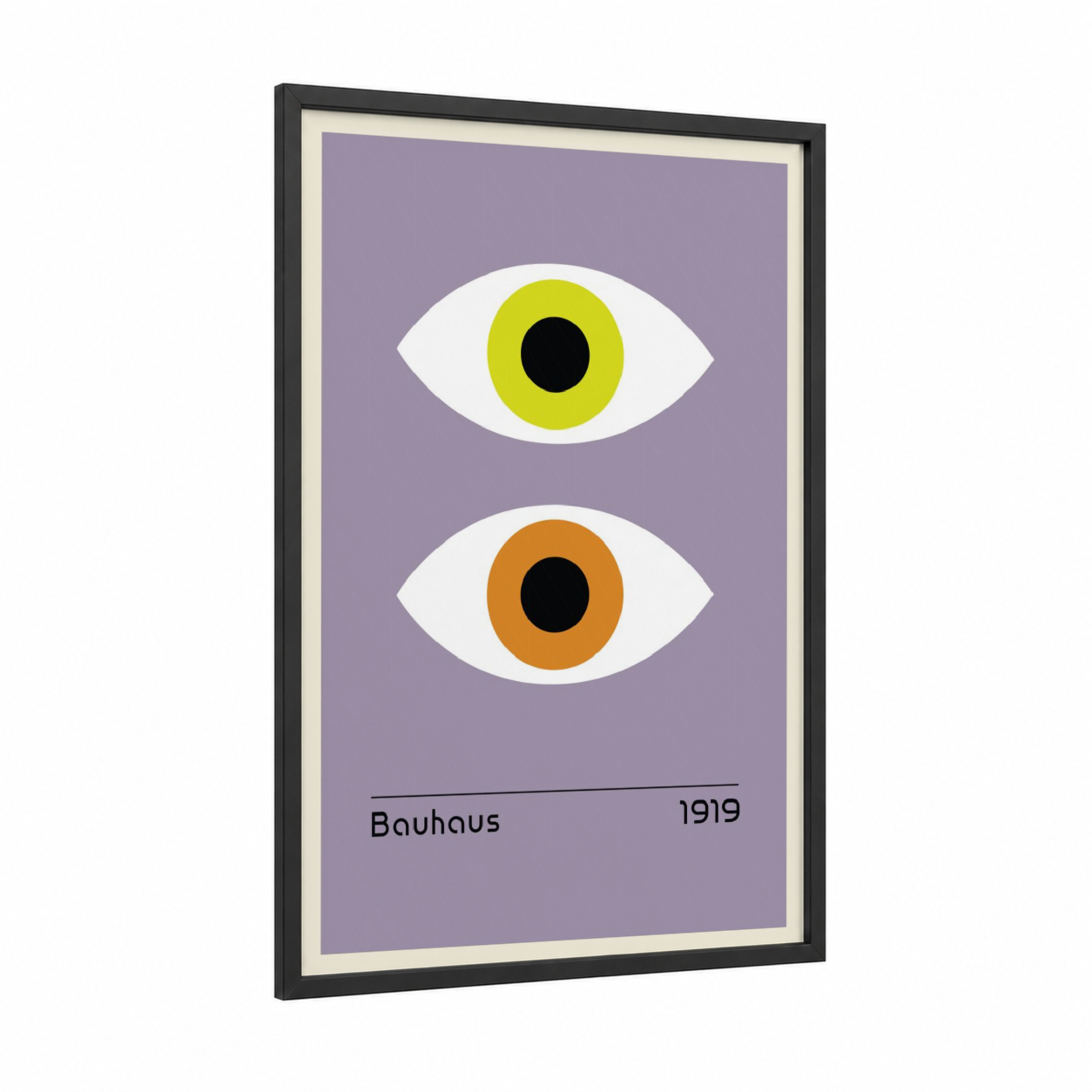 Dual Vision framed abstract geometric print — black wood frame — lavender and yellow gold palette