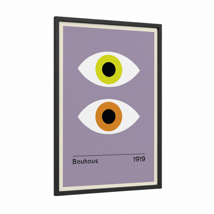 Dual Vision framed abstract geometric print — black wood frame — lavender and yellow gold palette