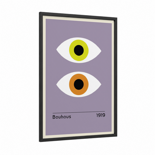 Dual Vision framed abstract geometric print — black wood frame — lavender and yellow gold palette