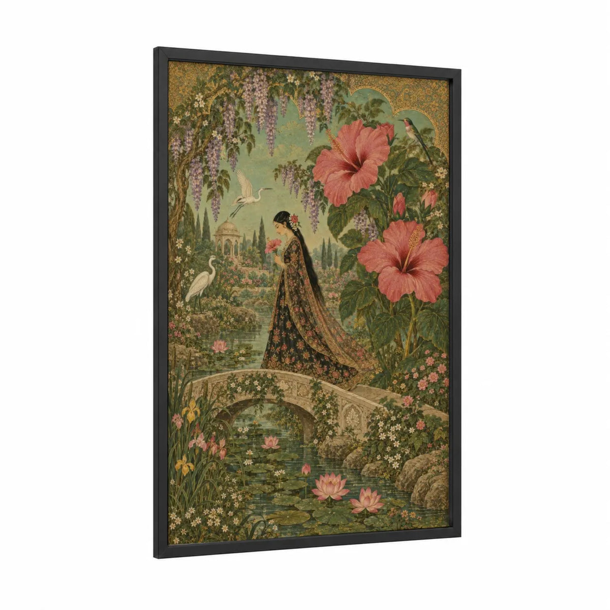 Asian Garden Hibiscus and Hummingbird Wall Art framed art print — black wood frame — peach and gold palette