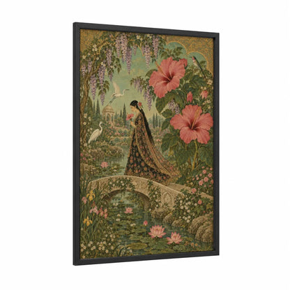 Asian Garden Hibiscus and Hummingbird Wall Art framed art print — black wood frame — peach and gold palette