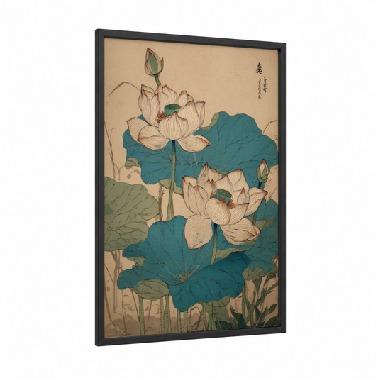 Serene Lotus Blooms framed art print — black wood frame — cream and teal palette