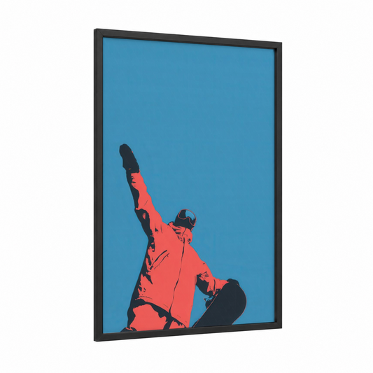 Aerial Snowboarder framed snowboarding print — black wood frame — blue and red palette