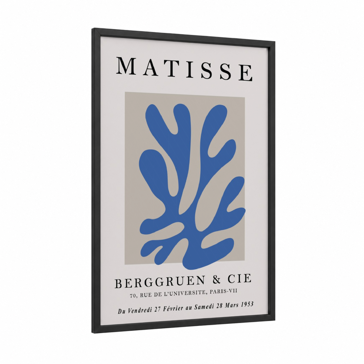 Blue Matisse framed abstract flower print — black wood frame — blue and beige palette