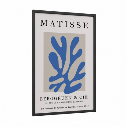 Blue Matisse framed abstract flower print — black wood frame — blue and beige palette