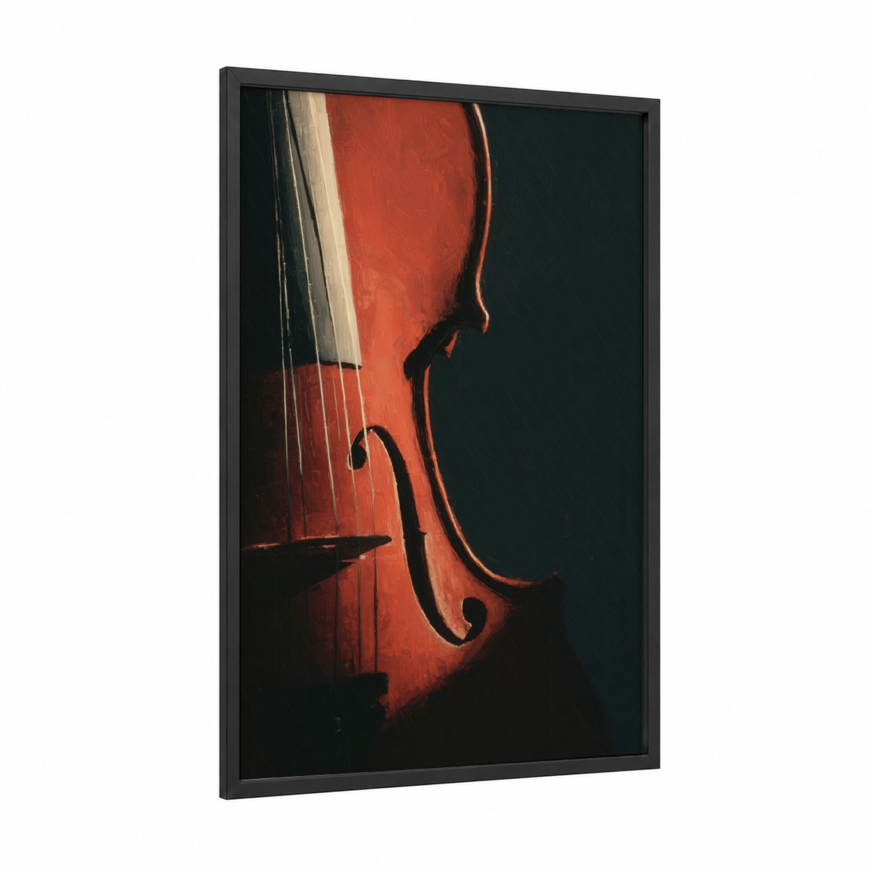 Classical Violin framed art print — black wood frame — red and black palette