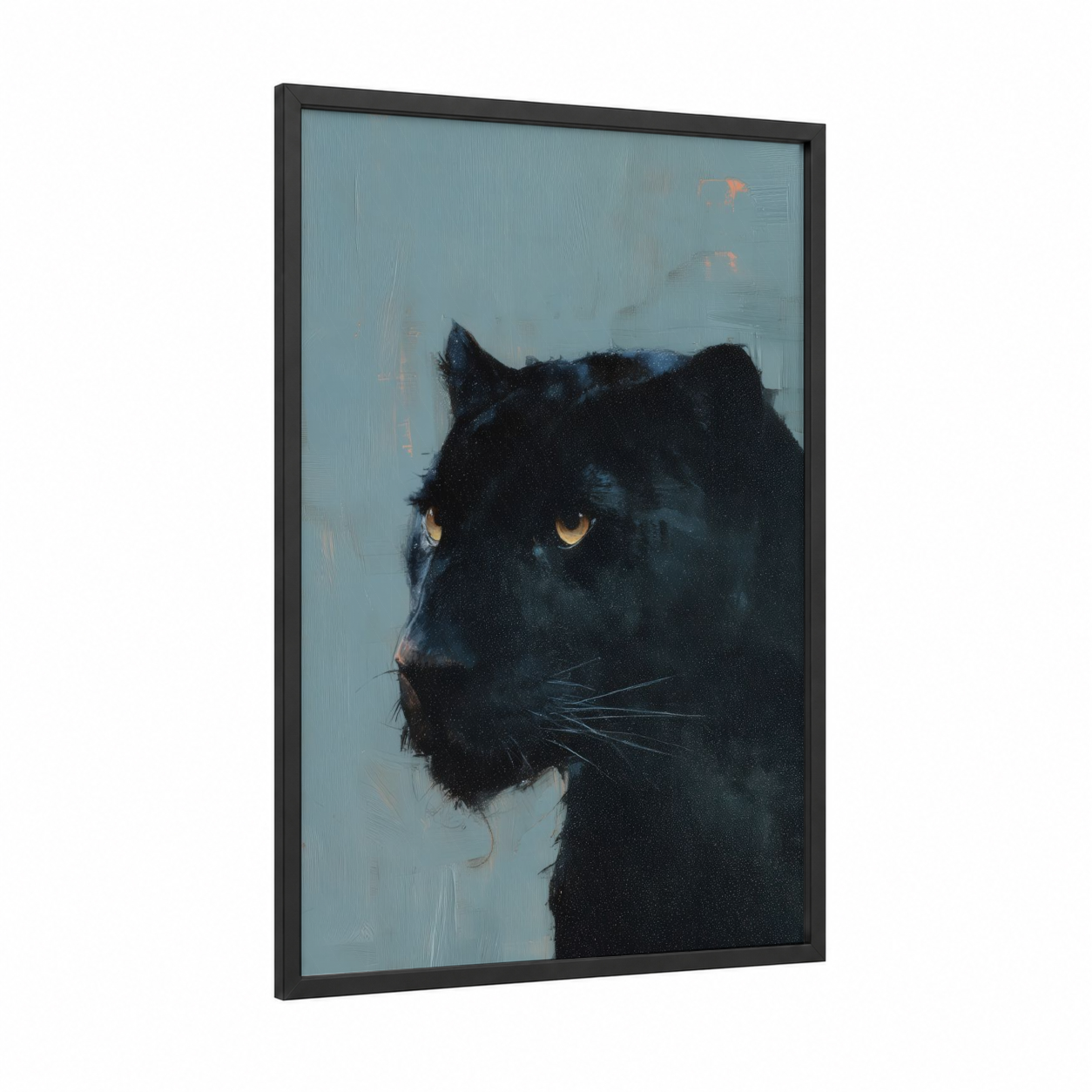 Golden-Eyed Panther framed art print — black wood frame — blue and gray and black palette