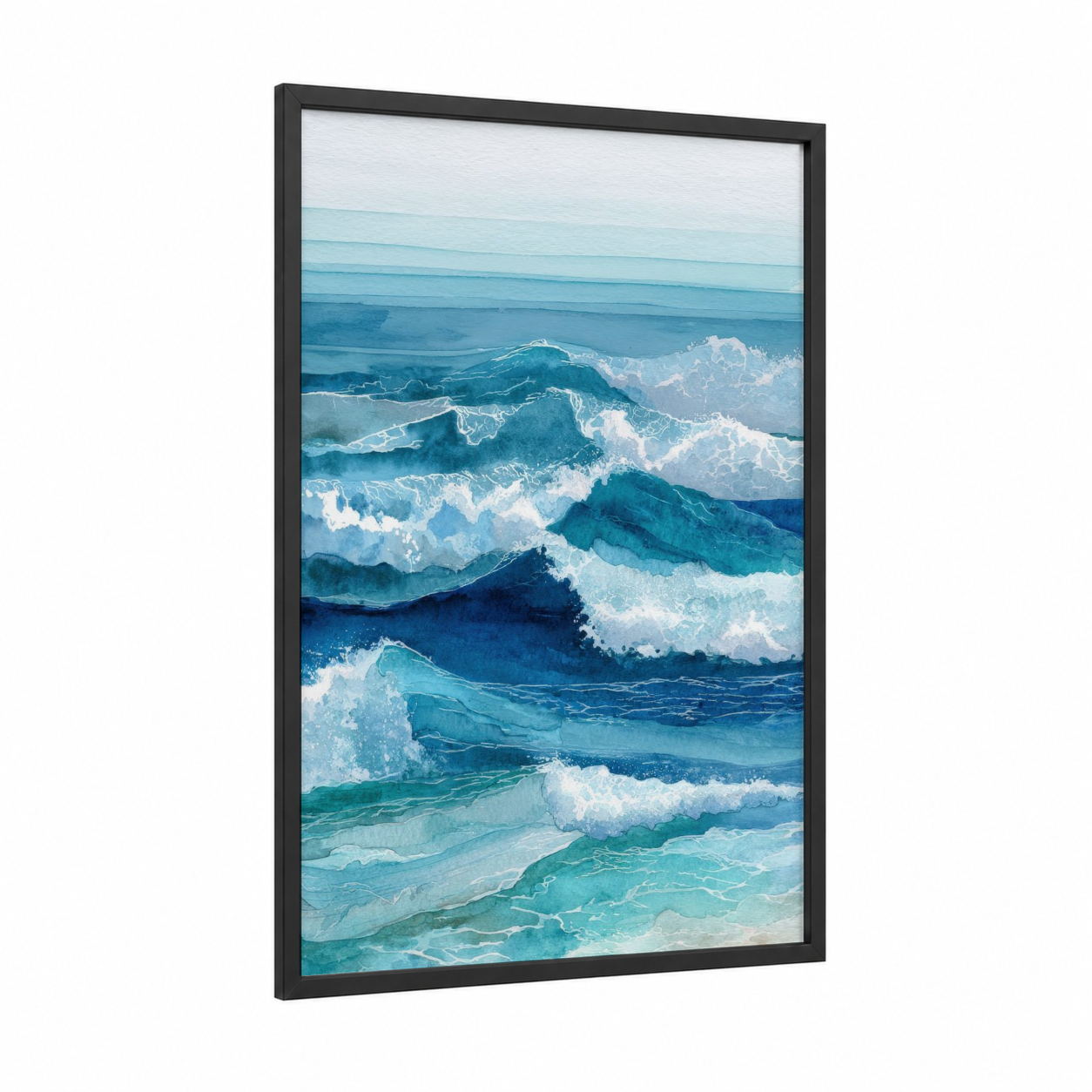 Layered Ocean Waves framed seascapes and ocean print — black wood frame — aquamarine and blue palette