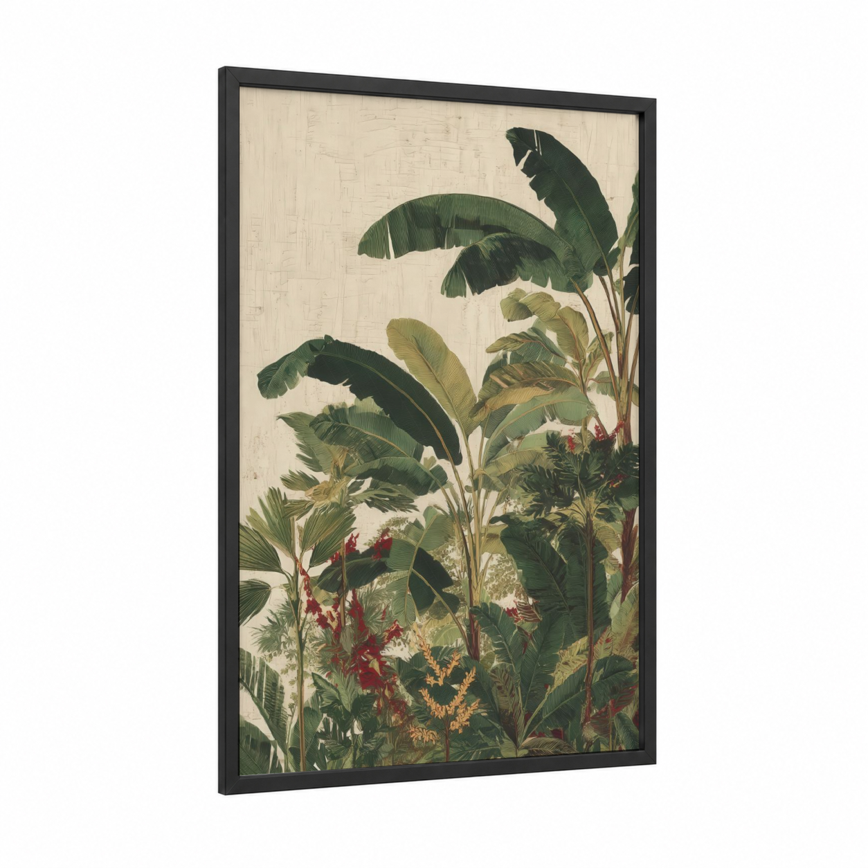 Tropical Jungle Garden framed palm forest print — black wood frame — dark green and cream palette