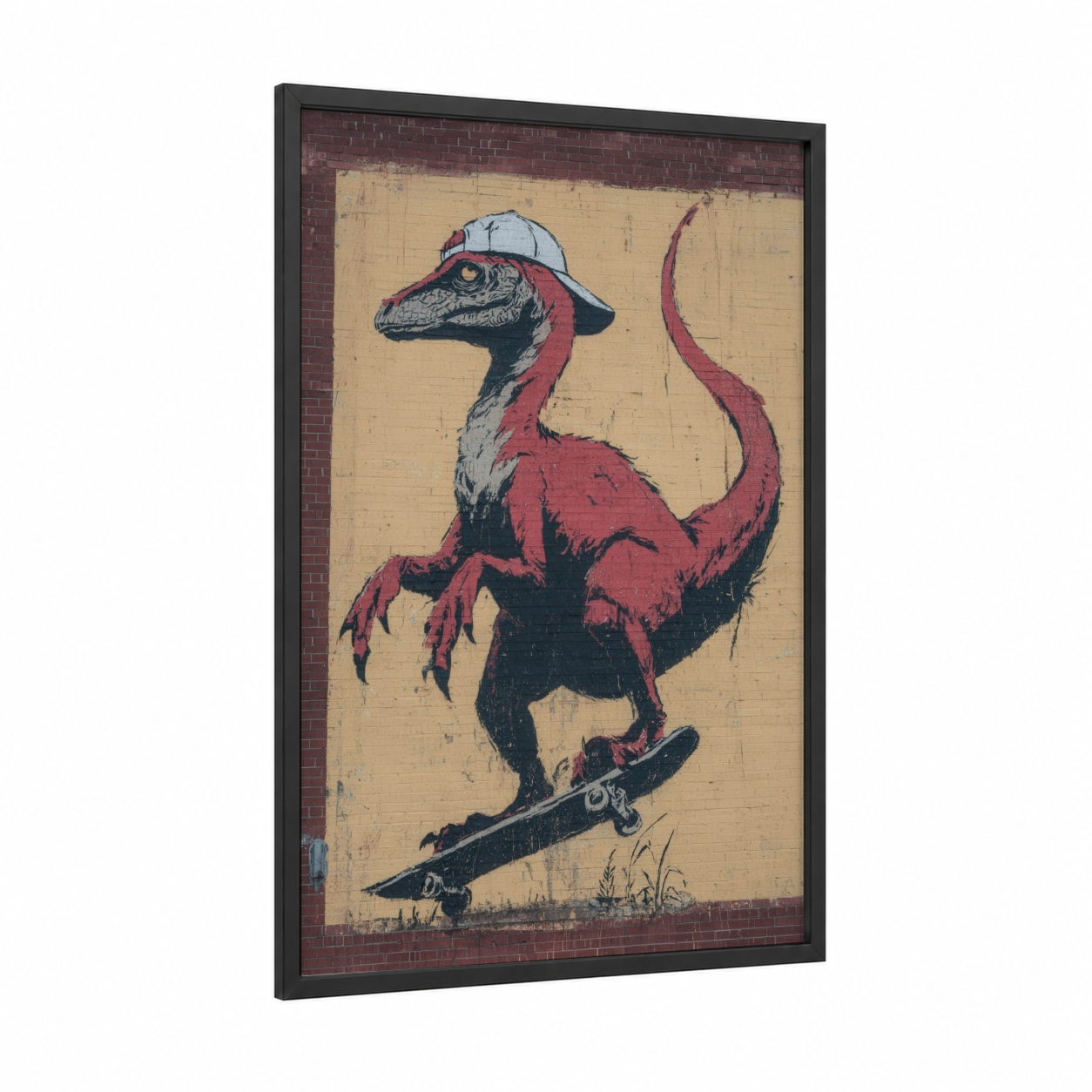 Skateboarding Dinosaur framed art print — black wood frame — maroon and cream palette