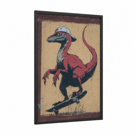 Skateboarding Dinosaur framed art print — black wood frame — maroon and cream palette