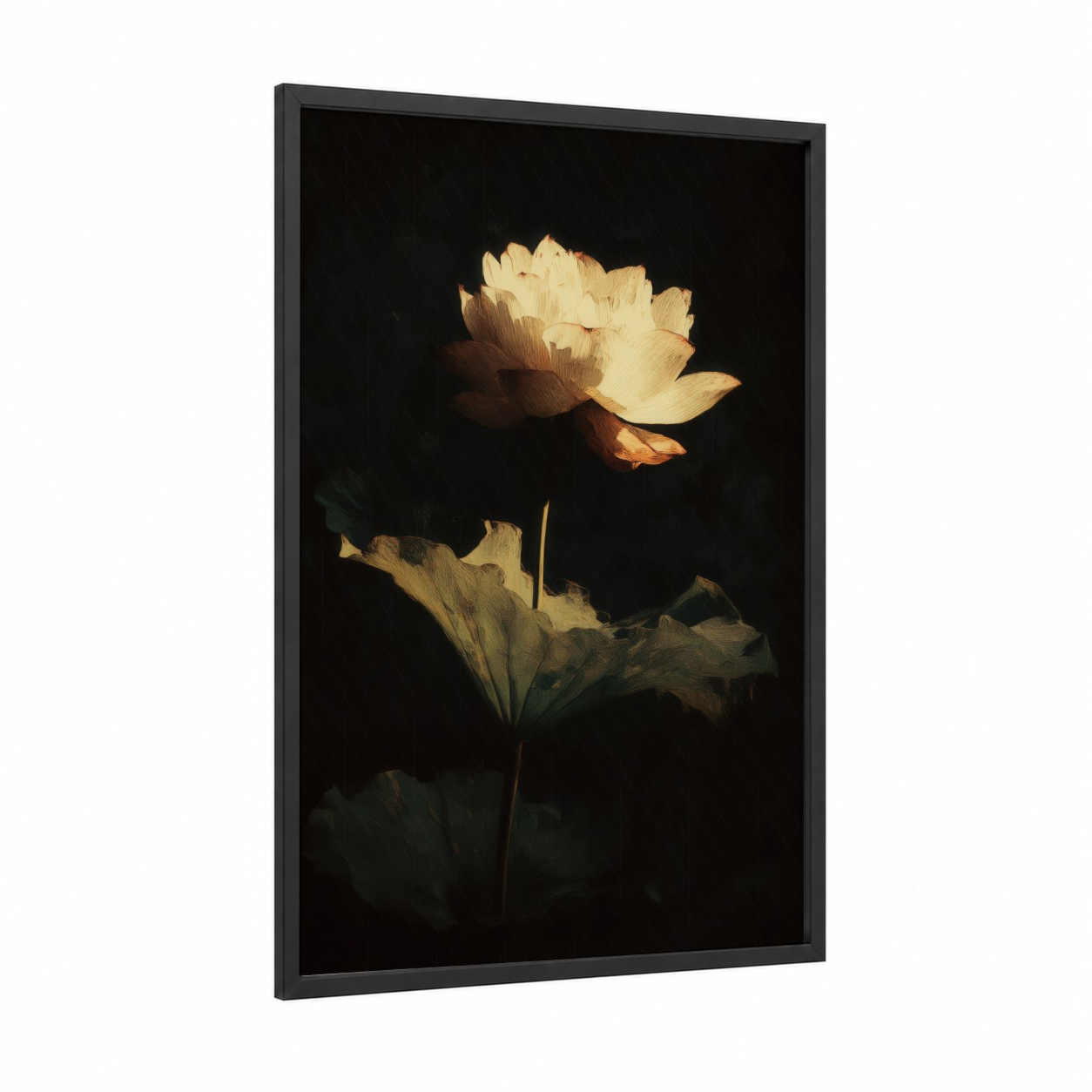 Glowing Lotus framed art print — black wood frame — gold and black palette