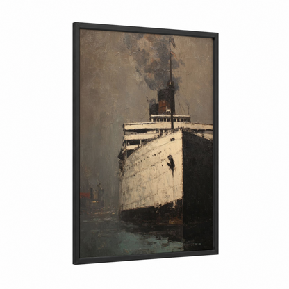 Misty Cruise Ship framed art print — black wood frame — black and white and dove gray palette