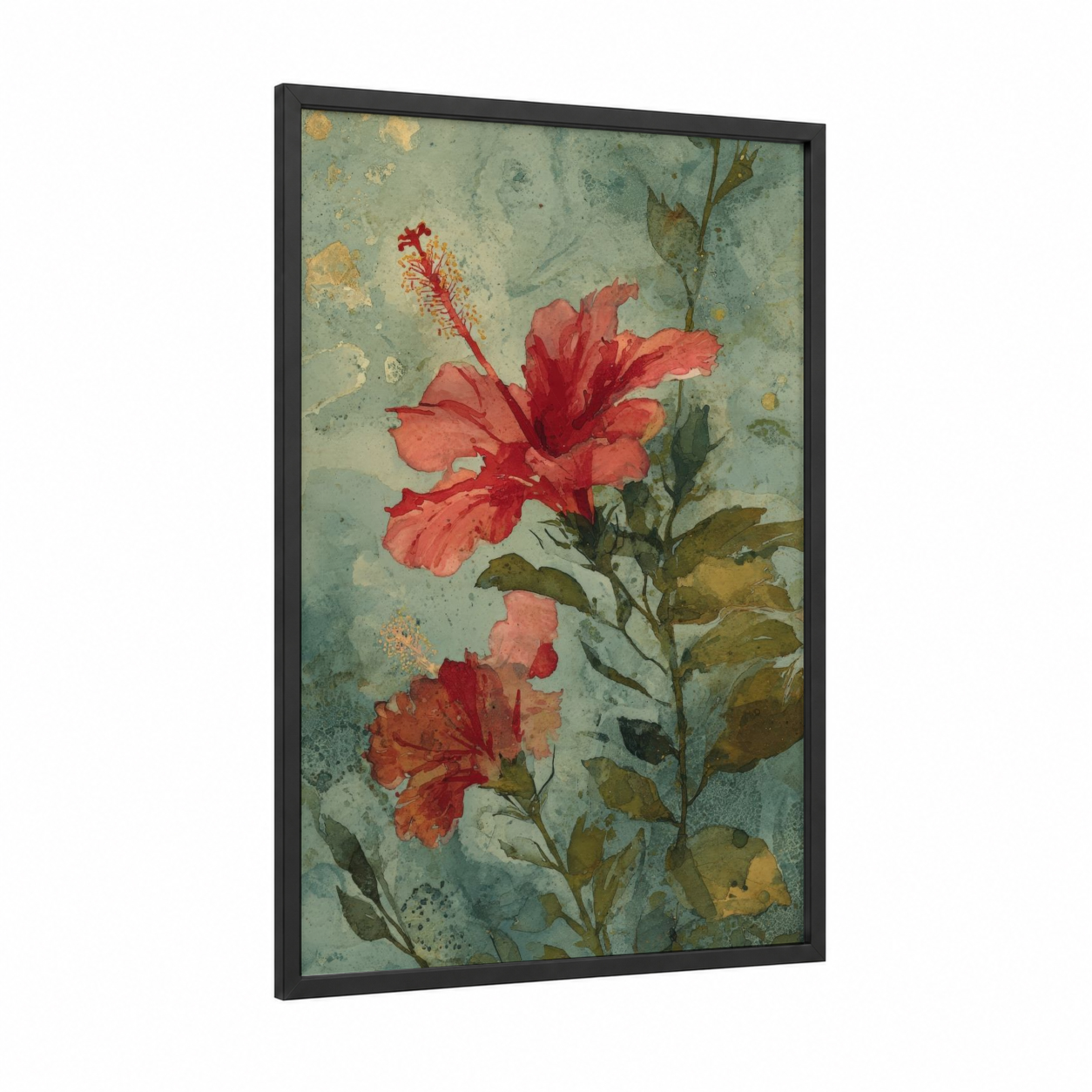Crimson Hibiscus framed art print — black wood frame — sage green and salmon pink palette