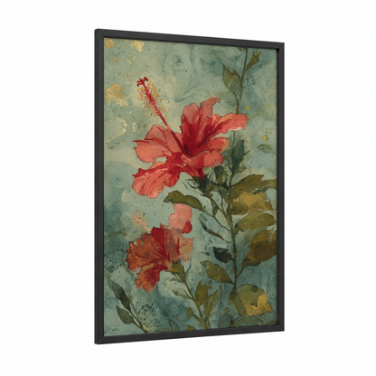 Crimson Hibiscus framed art print — black wood frame — sage green and salmon pink palette