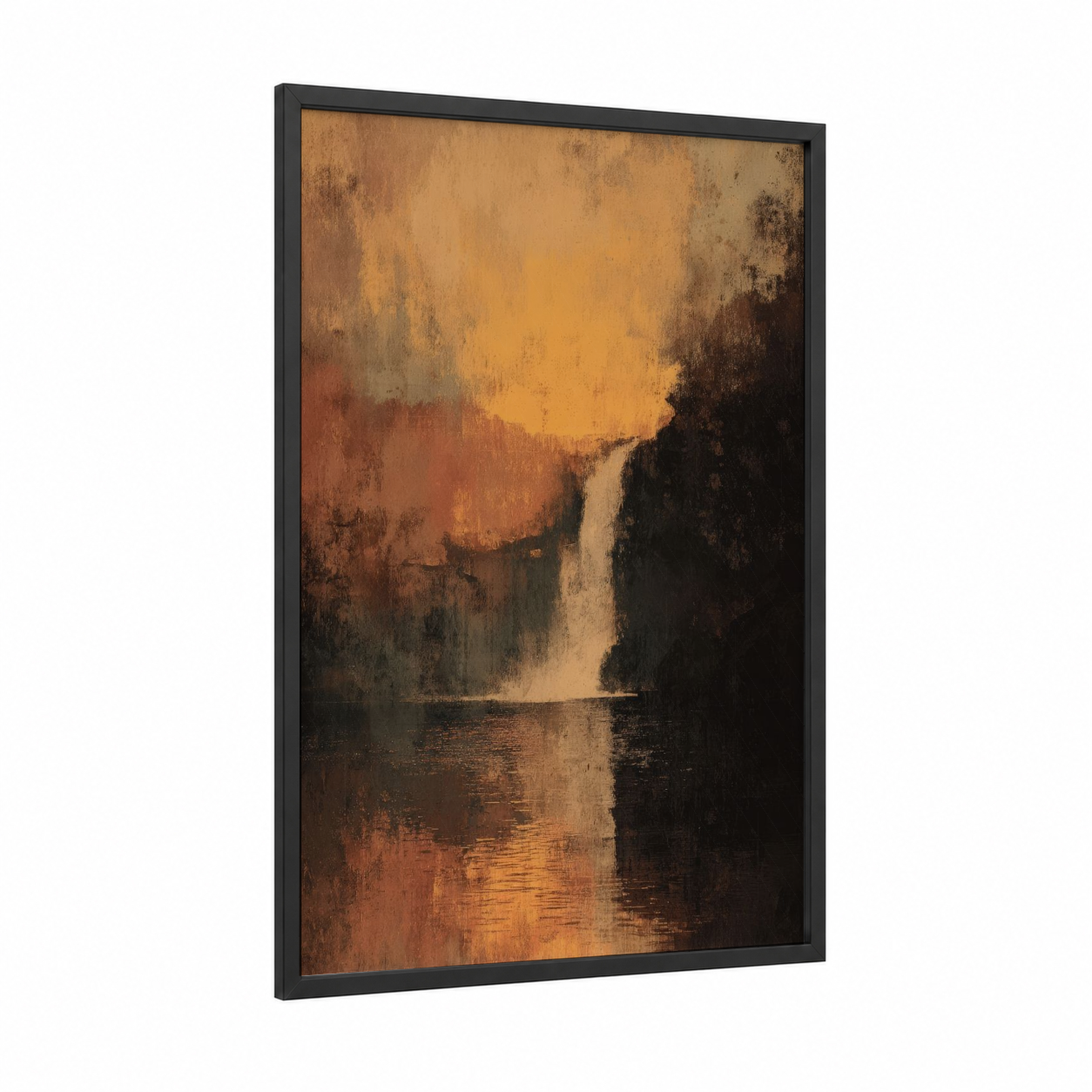 Golden Waterfall framed art print — black wood frame — gold and russet palette
