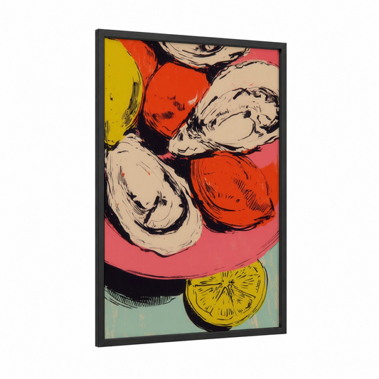 Vibrant Oyster Medley framed art print — black wood frame — red and yellow gold palette