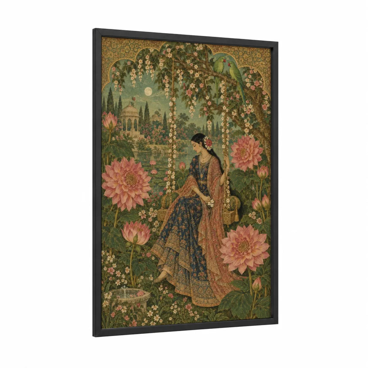 Moonlit Garden Lotus Blossom Wall Art framed art print — black wood frame — sage green and gold palette