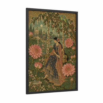 Moonlit Garden Lotus Blossom Wall Art framed art print — black wood frame — sage green and gold palette