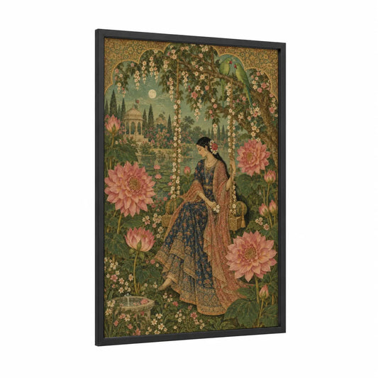 Moonlit Garden Lotus Blossom Wall Art framed art print — black wood frame — sage green and gold palette