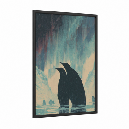 Penguin Pair framed animals in love print — black wood frame — teal and cream palette