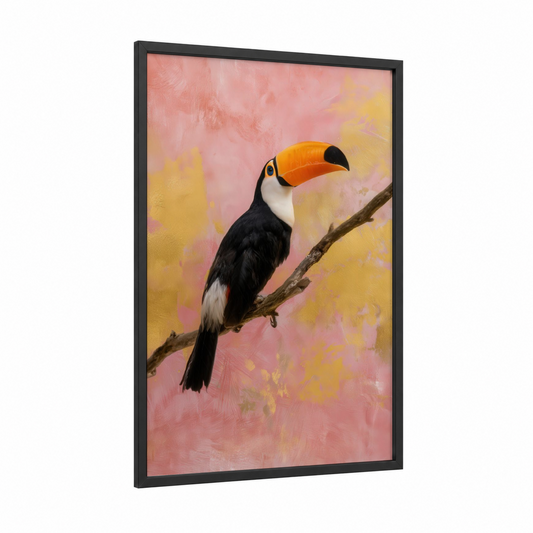 Tropical Toucan framed art print — black wood frame — pink and yellow gold palette