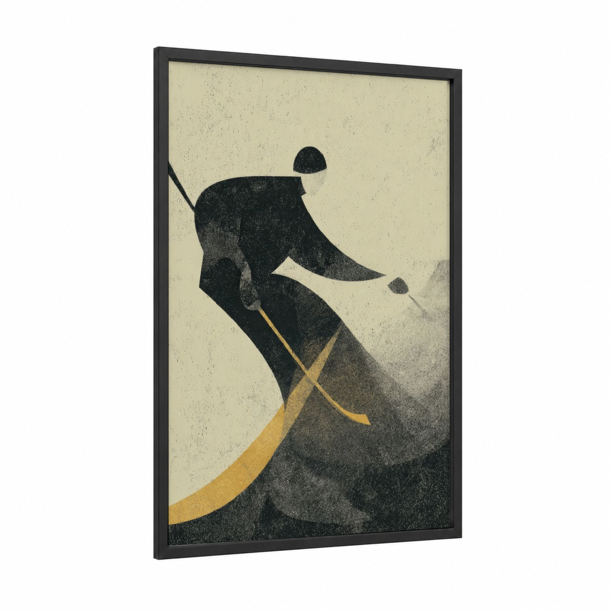 Dynamic Hockey Player framed ice hockey print — black wood frame — black and gold palette