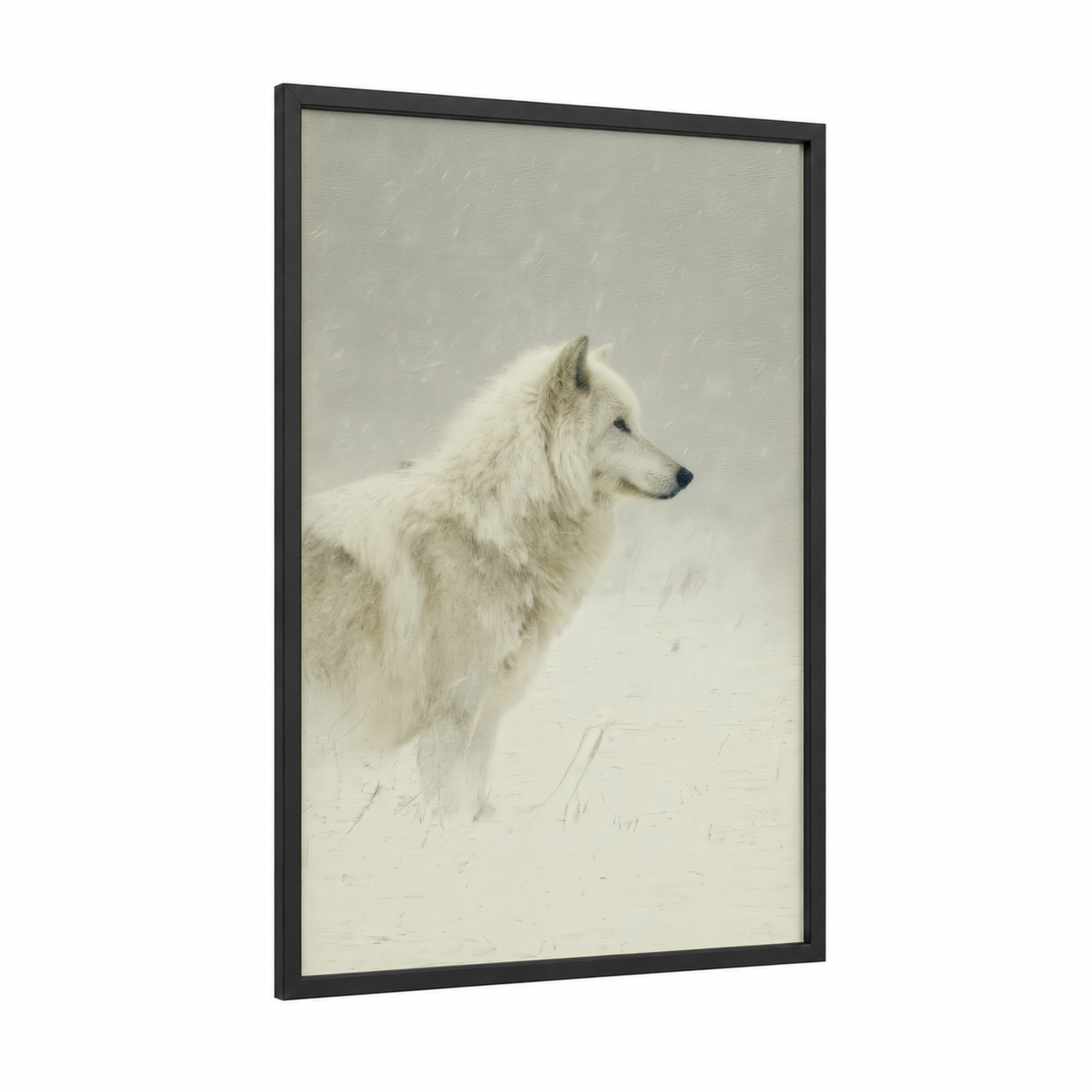 Arctic Wolf framed art print — black wood frame — white and gray and white palette