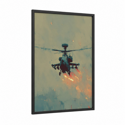 Combat Helicopter framed art print — black wood frame — teal and orange palette