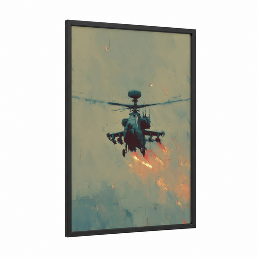Combat Helicopter framed art print — black wood frame — teal and orange palette