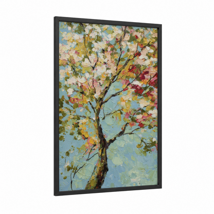 Blooming Magnolia framed art print — black wood frame — blue and pink palette