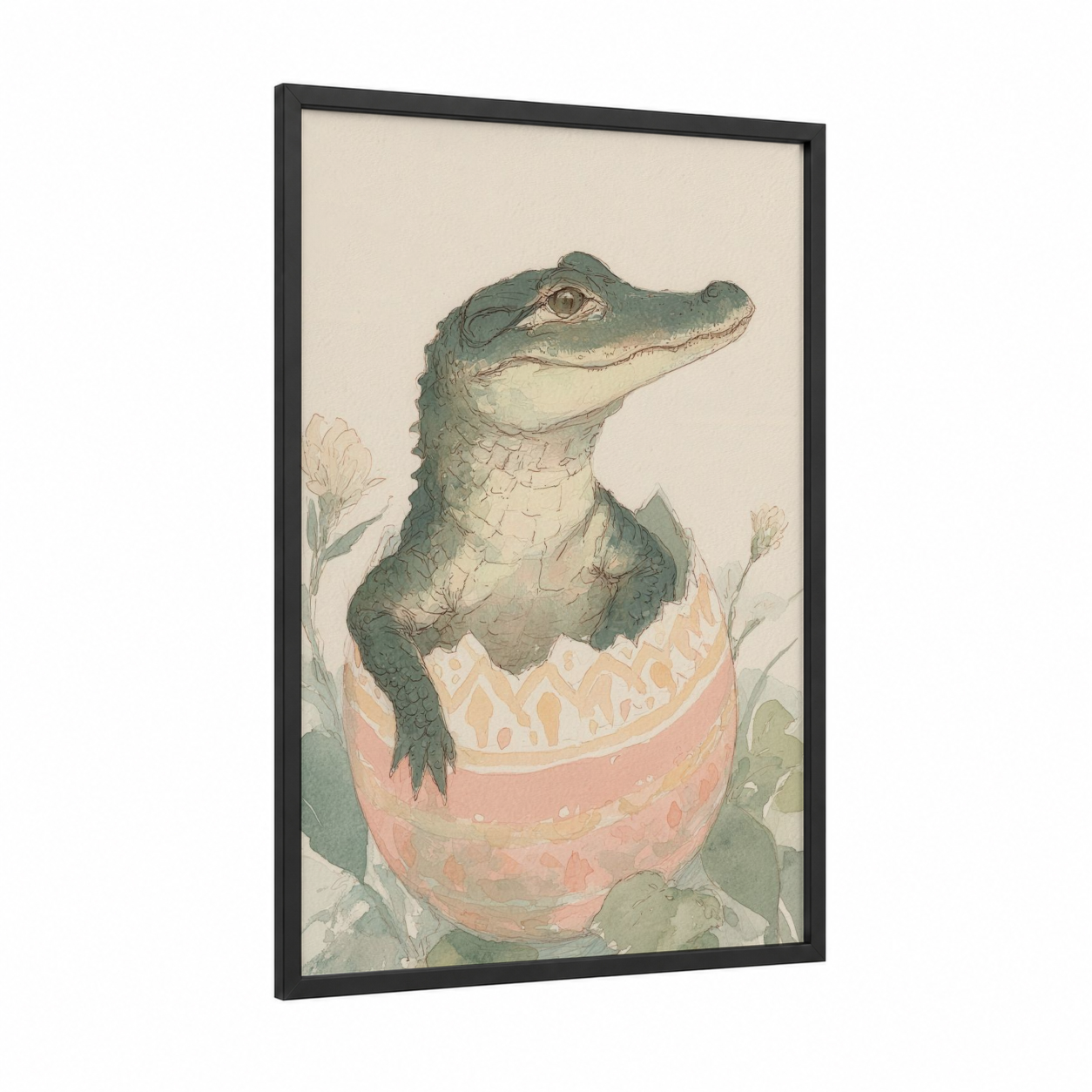 Hatchling Alligator framed art print — black wood frame — sage green and peach palette