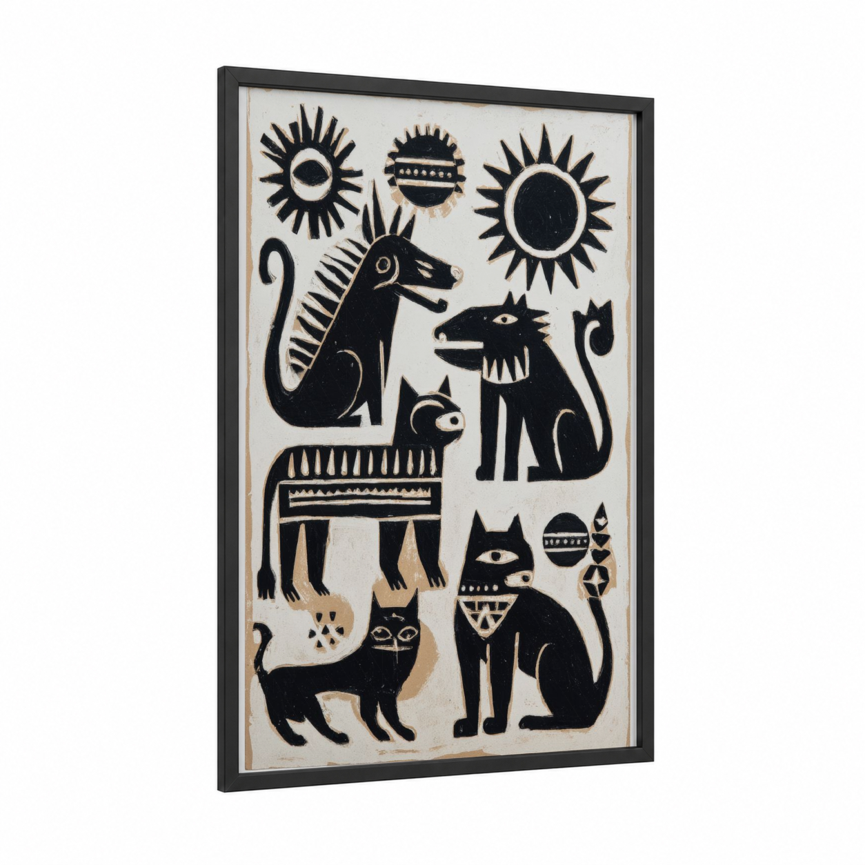 Sacred Cats framed abstract traditional print — black wood frame — black and white palette