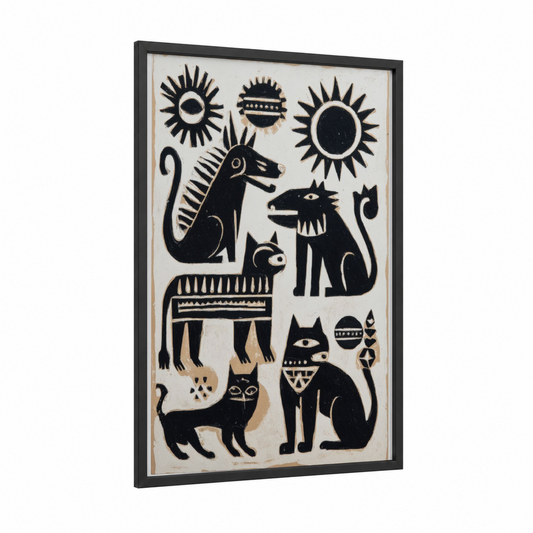 Sacred Cats framed abstract traditional print — black wood frame — black and white palette