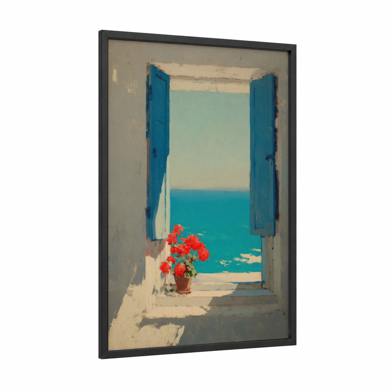Coastal Window View framed art print — black wood frame — turquoise and red palette