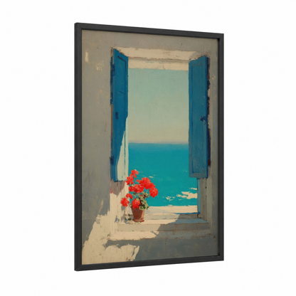 Coastal Window View framed art print — black wood frame — turquoise and red palette