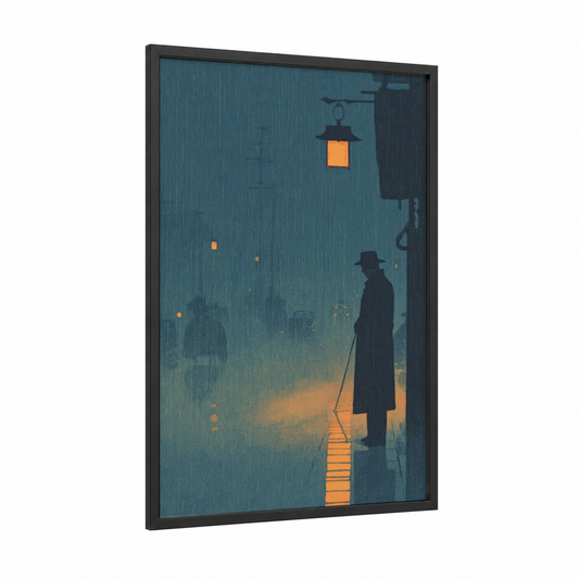 Noir Detective framed retro fashion print — black wood frame — blue and orange palette