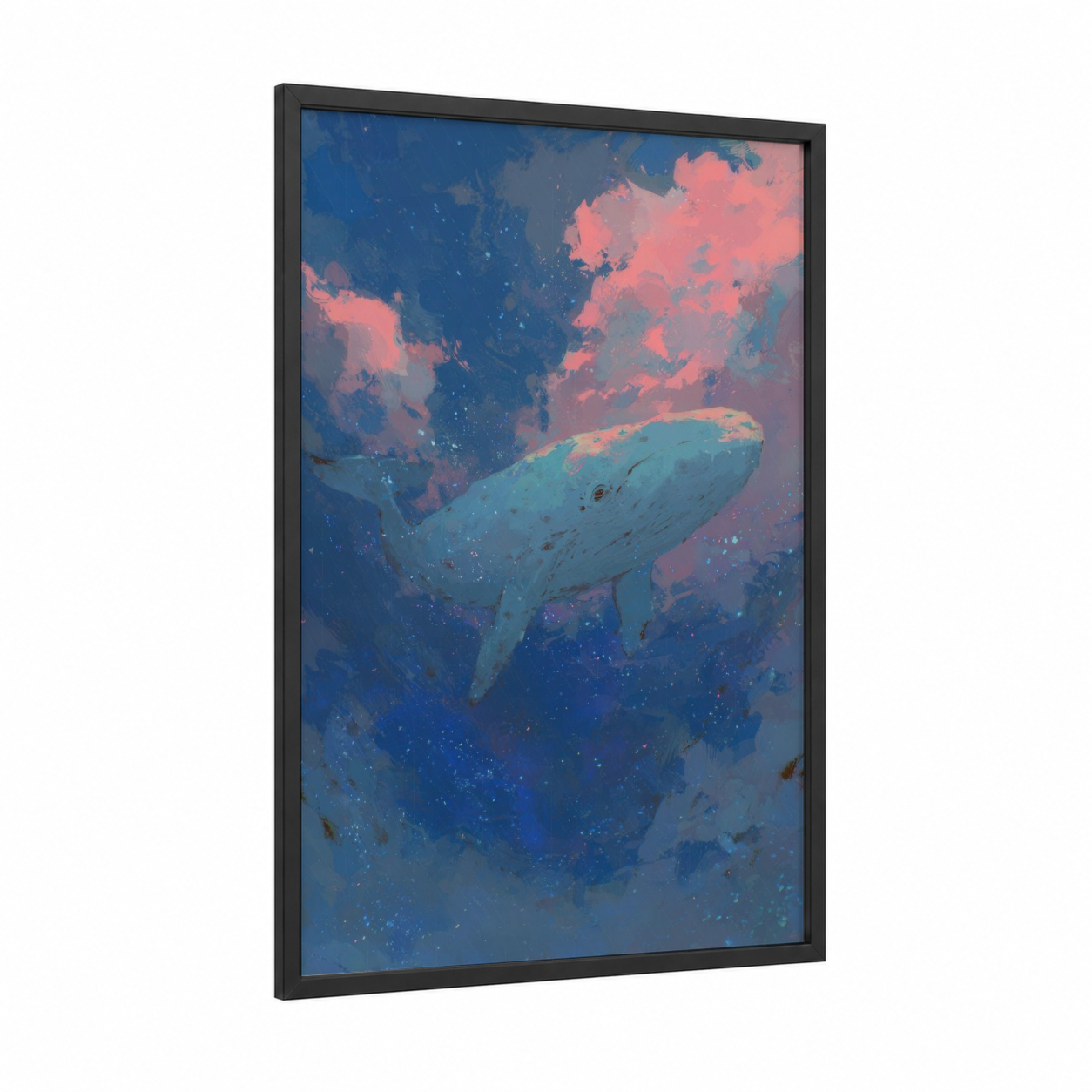 Celestial Whale framed gray whale print — black wood frame — blue and salmon pink palette