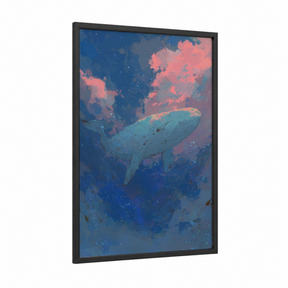 Celestial Whale framed gray whale print — black wood frame — blue and salmon pink palette