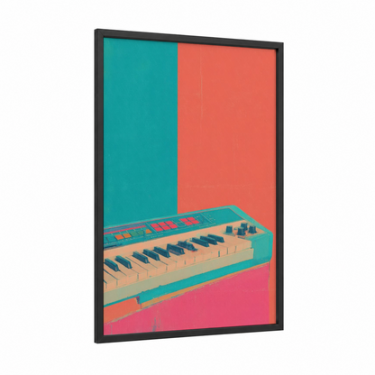 Retro Keyboard framed art print — black wood frame — turquoise and salmon pink palette