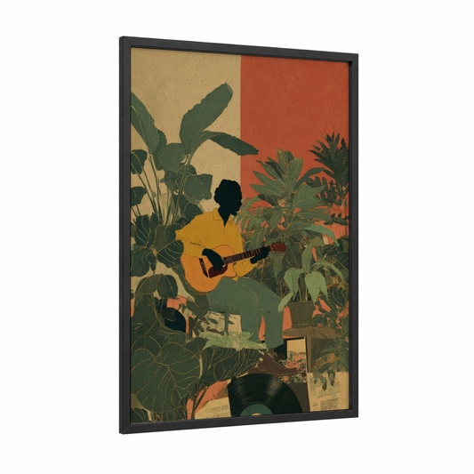 Reggae Musician framed art print — black wood frame — gold palette
