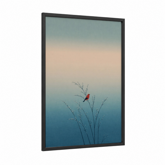 Crimson Dreamscape framed art print — black wood frame — teal and peach palette