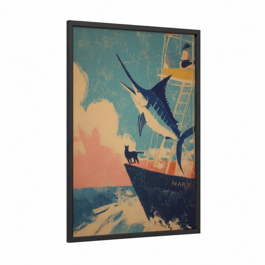 Vintage Marlin Adventure framed art print — black wood frame — teal and cream palette