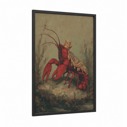 Crowned Crayfish framed art print — black wood frame — red and beige palette