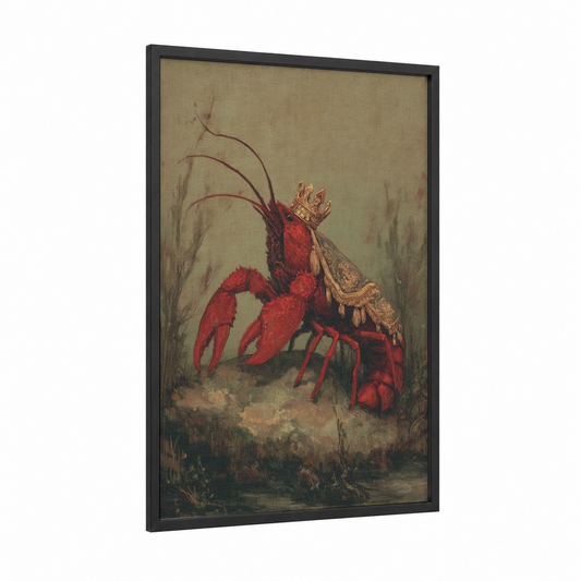 Crowned Crayfish framed art print — black wood frame — red and beige palette