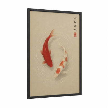 Koi Fish Circle Zen Wall Art framed art print — black wood frame — beige and orange palette