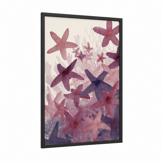 Ethereal Starfish framed art print — black wood frame — rose gold and lavender palette