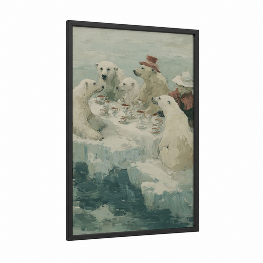 Snowy Tea Party framed polar bear print — black wood frame — cream and sage green palette