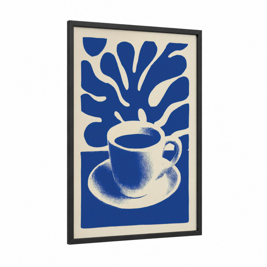 Steaming Coffee Cup framed art print — black wood frame — blue and cream palette