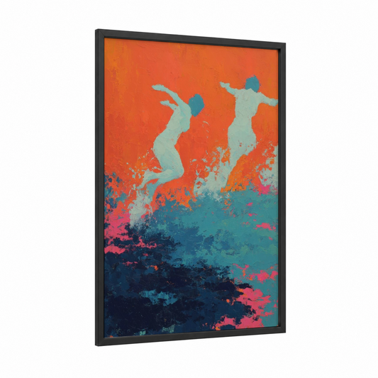 Synchronized Leap framed synchronized swimming print — black wood frame — orange and teal palette